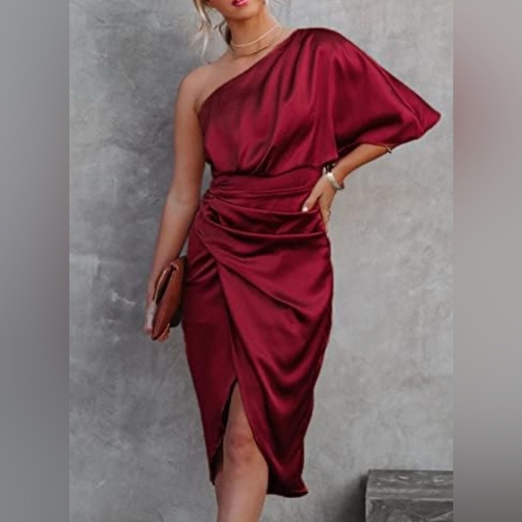 Cupshe Dresses & Skirts - CUPSHE Women's Satin Backless One Shoulder Short Sleeve A-line Dress High Low